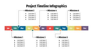Project Timeline Infographics
Jan Feb Mar Apr May Jun Jul Aug Sep Oct Nov Dec
● List item 1
● List item 2
● List item 3
● List item 4
Milestone 1
● List item 1
● List item 2
● List item 3
● List item 4
Milestone 3
● List item 1
● List item 2
● List item 3
● List item 4
Milestone 5
● List item 1
● List item 2
● List item 3
● List item 4
Milestone 2
● List item 1
● List item 2
● List item 3
● List item 4
Milestone 4
● List item 1
● List item 2
● List item 3
● List item 4
Milestone 6
 