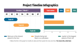 Project Timeline Infographics
Follow the link in the graph to modify its data and then paste the new one here. For more info, click here
October / Week 1
01 02 03 04 05 06 07
Task 01
Task 02
Task 03
Task status
Mercury is the closest
planet to the Sun
Despite being red,
Mars is a cold place
Jupiter is the biggest
planet of them all
25% 50% 75%
 