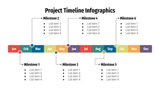 Project Timeline Infographics
Jan Feb Mar Apr May Jun Jul Aug Sep Oct Nov Dec
● List item 1
● List item 2
● List item 3
● List item 4
Milestone 1
● List item 1
● List item 2
● List item 3
● List item 4
Milestone 3
● List item 1
● List item 2
● List item 3
● List item 4
Milestone 5
● List item 1
● List item 2
● List item 3
● List item 4
Milestone 2
● List item 1
● List item 2
● List item 3
● List item 4
Milestone 4
● List item 1
● List item 2
● List item 3
● List item 4
Milestone 6
 