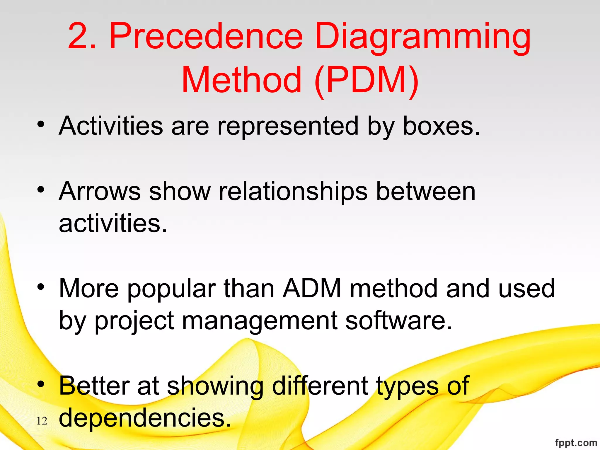 2. Precedence Diagramming
Method (PDM)
• Activities are represented by boxes.
• Arrows show relationships between
activities.
• More popular than ADM method and used
by project management software.
• Better at showing different types of
dependencies.12
 
