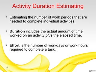Activity Duration Estimating
• Estimating the number of work periods that are
needed to complete individual activities.
• Duration includes the actual amount of time
worked on an activity plus the elapsed time.
• Effort is the number of workdays or work hours
required to complete a task.
15
 