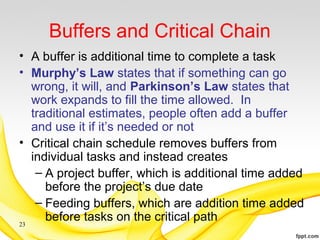 Buffers and Critical Chain
• A buffer is additional time to complete a task
• Murphy’s Law states that if something can go
wrong, it will, and Parkinson’s Law states that
work expands to fill the time allowed. In
traditional estimates, people often add a buffer
and use it if it’s needed or not
• Critical chain schedule removes buffers from
individual tasks and instead creates
– A project buffer, which is additional time added
before the project’s due date
– Feeding buffers, which are addition time added
before tasks on the critical path23
 