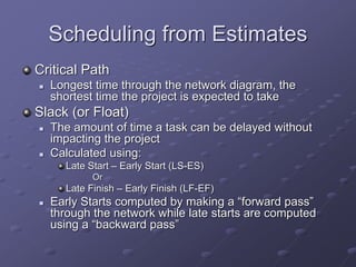 Scheduling from Estimates
Critical Path
 Longest time through the network diagram, the
shortest time the project is expected to take
Slack (or Float)
 The amount of time a task can be delayed without
impacting the project
 Calculated using:
Late Start – Early Start (LS-ES)
Or
Late Finish – Early Finish (LF-EF)
 Early Starts computed by making a “forward pass”
through the network while late starts are computed
using a “backward pass”
 