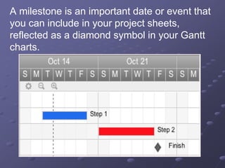 A milestone is an important date or event that
you can include in your project sheets,
reflected as a diamond symbol in your Gantt
charts.
 
