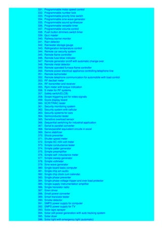 331. Programmable motor speed control
332. Programmable number lock
333. Programmable priority time switch
334. Programmable sine wave generator
335. Programmable sound synthesizer
336. Programmable versatile timer
337. Programmable volume control
338. Push button dimmers switch timer
339. Quiz master
340. Railway barrier monitor
341. Rain detector
342. Rainwater storage gauge
343. Refrigeration temperature control
344. Remote car security system
345. Remote flame controller
346. Remote fuse blow indicator
347. Remote generator on/off with automatic change over
348. Remote metal detector
349. Remote operated furnace flame controller
350. Remote power electrical appliance controlling telephone line
351. Remote tachometer
352. Remote telephone communication for automobile with load control
353. RF decibel meter
354. RF transmitter and receiver
355. Rpm meter with torque indication
356. S meter for RF systems
357. Safety switch(ELCB)
358. Scope triggering aid for video signals
359. Score display board
360. SCR/TRIAC tester
361. Security monitoring system
362. Security system with cellular
363. Security systems for cars
364. Semiconductor tester
365. Sensitive overload sensor
366. Sequential switching for industrial application
367. Serial to parallel converter
368. Series/parallel equivalent circuits in excel
369. Servo stabilizer
370. Shock preventer
371. Shutter speed meter
372. Simple AC milli-volt meter
373. Simple conductance tester
374. Simple patter generator
375. Simple preamplifier
376. Simple self -inductance meter
377. Simple sweep generator
378. Simple voltmeter
379. Sine wave generator
380. Single board basic computer
381. Single chip am audio
382. Single chip clock cum calendar.
383. Single phase preventer
384. Single phase voltage tripper and over load protector
385. Single supply instrumentation amplifier
386. Single transistor radio
387. Siren driver
388. Small power converter
389. Smart transistor tester
390. Smoke detector
391. SMPS power supply for computer
392. SMPS power supply for TV
393. Solar agro sprayer
394. Solar cell power generation with auto tracking system
395. Solar dryer
396. Solar light with emergency light (automatic)
 