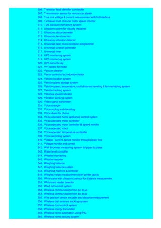 506. Transistor lead identifier cum tester
507. Transmission sensor for remote car starter
508. True rms voltage & current measurement with lcd interface
509. Tsr based multi channel motor speed monitor
510. Tyre pressure monitoring system
511. Ultrasonic alarm for visually impaired
512. Ultrasonic distance meter
513. Ultrasonic level monitor
514. Ultrasonic vibration detector
515. Universal flash micro controller programmer
516. Universal function generator
517. Universal timer
518. UPS monitoring system
519. UPS monitoring system
520. UPS security key
521. V/F control for motor
522. Vacuum cleaner
523. Vector control of ac induction motor
524. Vehicle location system
525. Vehicle speed storage system
526. Vehicle speed, temperature, total distance traveling & fair monitoring system
527. Vehicle tracking system
528. Vehicles speed indicator
529. Vibration sensing system
530. Video signal transmitter
531. Voice changer
532. Voice coding and decoding
533. Voice dialer for phone
534. Voice operated home appliance control system
535. Voice operated motor controller
536. Voice operated motor controller & speed monitor
537. Voice operated robot
538. Voice operated temperature controller
539. Voice recording system
540. Voltage - current, speed monitor through power line
541. Voltage monitor and control
542. Wall thickness measuring system for pipes & plates
543. Water level controller
544. Weather monitoring
545. Weather reporter
546. Weighing balance
547. Weighing balance system
548. Weighing machine &controller
549. Weight& height measurement with printer facility
550. White cane with ultrasonic sensor for distance measurement
551. White card reader detector
552. Wind mill control system
553. Wireless communication from pc to µc
554. Wireless communication from pc to pc
555. Wire position sensor encoder and distance measurement
556. Wireless dish antenna tracking system
557. Wireless door control system
558. Wireless energy transmitter
559. Wireless home automation using PIC
560. Wireless home security system
 