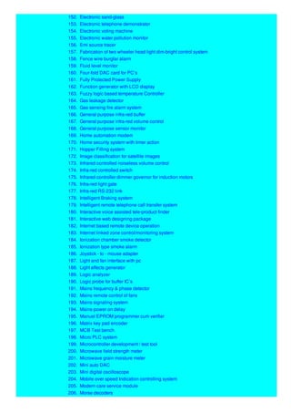 152. Electronic sand-glass
153. Electronic telephone demonstrator
154. Electronic voting machine
155. Electronic water pollution monitor
156. Emi source tracer
157. Fabrication of two wheeler head light dim-bright control system
158. Fence wire burglar alarm
159. Fluid level monitor
160. Four-fold DAC card for PC’s
161. Fully Protected Power Supply
162. Function generator with LCD display
163. Fuzzy logic based temperature Controller
164. Gas leakage detector
165. Gas sensing fire alarm system
166. General purpose infra-red buffer
167. General purpose infra-red volume control
168. General purpose sensor monitor
169. Home automation modem
170. Home security system with timer action
171. Hopper Filling system
172. Image classification for satellite images
173. Infrared controlled noiseless volume control
174. Infra-red controlled switch
175. Infrared controller dimmer governor for induction motors
176. Infra-red light gate
177. Infra-red RS-232 link
178. Intelligent Braking system
179. Intelligent remote telephone call transfer system
180. Interactive voice assisted tele-product finder
181. Interactive web designing package
182. Internet based remote device operation
183. Internet linked zone control/monitoring system
184. Ionization chamber smoke detector
185. Ionization type smoke alarm
186. Joystick - to - mouse adapter
187. Light and fan interface with pc
188. Light effects generator
189. Logic analyzer
190. Logic probe for buffer IC’s
191. Mains frequency & phase detector
192. Mains remote control of fans
193. Mains signaling system
194. Mains-power on delay
195. Manuel EPROM programmer cum verifier
196. Matrix key pad encoder
197. MCB Test bench
198. Micro PLC system
199. Microcontroller development / test tool
200. Microwave field strength meter
201. Microwave grain moisture meter
202. Mini auto DAC
203. Mini digital oscilloscope
204. Mobile over speed Indication controlling system
205. Modern care service module
206. Morse decoders
 