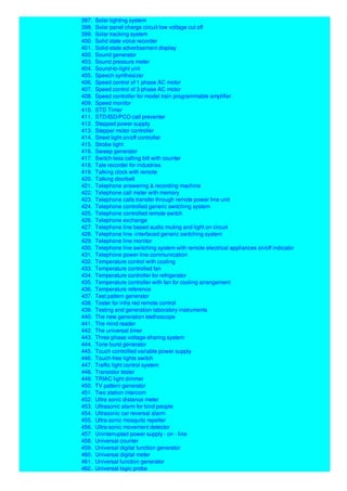 397. Solar lighting system
398. Solar panel charge circuit low voltage cut off
399. Solar tracking system
400. Solid state voice recorder
401. Solid-state advertisement display
402. Sound generator
403. Sound pressure meter
404. Sound-to-light unit
405. Speech synthesizer
406. Speed control of 1 phase AC motor
407. Speed control of 3 phase AC motor
408. Speed controller for model train programmable amplifier
409. Speed monitor
410. STD Timer
411. STD/ISD/PCO call preventer
412. Stepped power supply
413. Stepper motor controller
414. Street light on/off controller
415. Strobe light
416. Sweep generator
417. Switch-less calling bill with counter
418. Tale recorder for industries
419. Talking clock with remote
420. Talking doorbell
421. Telephone answering & recording machine
422. Telephone call meter with memory
423. Telephone calls transfer through remote power line unit
424. Telephone controlled generic switching system
425. Telephone controlled remote switch
426. Telephone exchange
427. Telephone line based audio muting and light on circuit
428. Telephone line -interfaced generic switching system
429. Telephone line monitor
430. Telephone line switching system with remote electrical appliances on/off indicator
431. Telephone power line communication
432. Temperature control with cooling
433. Temperature controlled fan
434. Temperature controller for refrigerator
435. Temperature controller with fan for cooling arrangement
436. Temperature reference
437. Test pattern generator
438. Tester for infra red remote control
439. Testing and generation laboratory instruments
440. The new generation stethoscope
441. The mind reader
442. The universal timer
443. Three phase voltage-sharing system
444. Tone burst generator
445. Touch controlled variable power supply
446. Touch-free lights switch
447. Traffic light control system
448. Transistor tester
449. TRIAC light dimmer
450. TV pattern generator
451. Two station intercom
452. Ultra sonic distance meter
453. Ultrasonic alarm for bind people
454. Ultrasonic car reversal alarm
455. Ultra-sonic mosquito repeller
456. Ultra-sonic movement detector
457. Uninterrupted power supply - on - line
458. Universal counter
459. Universal digital function generator
460. Universal digital meter
461. Universal function generator
462. Universal logic probe
 