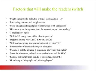 Factors that will make the readers switch‘Might subscribe to both, but will not stop reading TOI’‘Interesting content and supplements’‘More images and high level of interaction with the readers’‘Gives me something more than the current paper I am reading’‘Timeliness of news’‘Will ADD to my current list of newspapers’‘Depends on the READING EXPERIENCE’ ‘Will add one more newspaper but wont give up TOI’‘Presentation of facts and analysis of stories’‘Money is not the criteria. It is content above anything else’‘More local content, related to art and culture and for kids’‘Sample the paper from stands, if interested, subscribe’‘Good easy writing style and pleasing layout’ 