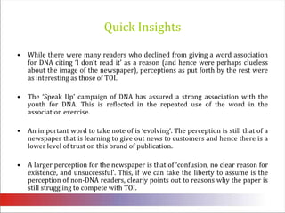 Quick InsightsWhile there were many readers who declined from giving a word association for DNA citing ‘I don’t read it’ as a reason (and hence were perhaps clueless about the image of the newspaper), perceptions as put forth by the rest were as interesting as those of TOI. The ‘Speak Up’ campaign of DNA has assured a strong association with the youth for DNA. This is reflected in the repeated use of the word in the association exercise. An important word to take note of is ‘evolving’. The perception is still that of a newspaper that is learning to give out news to customers and hence there is a lower level of trust on this brand of publication. A larger perception for the newspaper is that of ‘confusion, no clear reason for existence, and unsuccessful’. This, if we can take the liberty to assume is the perception of non-DNA readers, clearly points out to reasons why the paper is still struggling to compete with TOI. 