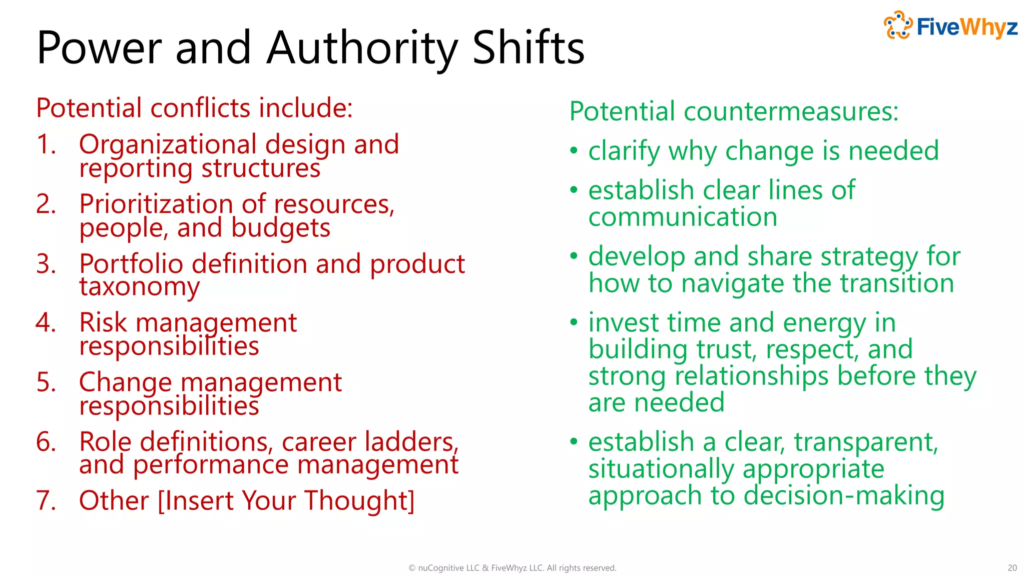 Power and Authority Shifts
Potential conflicts include:
1. Organizational design and
reporting structures
2. Prioritization of resources,
people, and budgets
3. Portfolio definition and product
taxonomy
4. Risk management
responsibilities
5. Change management
responsibilities
6. Role definitions, career ladders,
and performance management
7. Other [Insert Your Thought]
© nuCognitive LLC & FiveWhyz LLC. All rights reserved. 20
Potential countermeasures:
• clarify why change is needed
• establish clear lines of
communication
• develop and share strategy for
how to navigate the transition
• invest time and energy in
building trust, respect, and
strong relationships before they
are needed
• establish a clear, transparent,
situationally appropriate
approach to decision-making
 