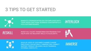 3 TIPS TO GET STARTED
INVEST IN A TALENT TRANSFORMATION PROGRAM THAT
HELPS GIVE YOU RELEVANT SKILLS TO ACCELERATE.
DEVELOP VOICE OF CUSTOMER CHANNELS WHERE
EMPLOYEES CAN NATURALLY IMMERSE AND CONNECT.
SUPPORT, PRODUCT RELEASES, SALES TRAININGS,
EXTERNAL EVENTS ETC.
RESKILL
IMMERSE
MANDATE STRONGER INTERLOCK FOR EMPLOYEES WITH
THEIR CROSS FUNCTIONAL BUSINESS COUNTERPARTS AT
HQ & CUSTOMER BOARDS
INTERLOCK
 