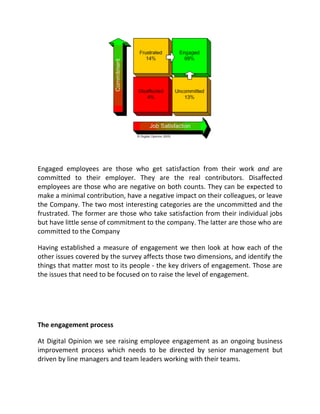 Engaged employees are those who get satisfaction from their work and are
committed to their employer. They are the real contributors. Disaffected
employees are those who are negative on both counts. They can be expected to
make a minimal contribution, have a negative impact on their colleagues, or leave
the Company. The two most interesting categories are the uncommitted and the
frustrated. The former are those who take satisfaction from their individual jobs
but have little sense of commitment to the company. The latter are those who are
committed to the Company

Having established a measure of engagement we then look at how each of the
other issues covered by the survey affects those two dimensions, and identify the
things that matter most to its people - the key drivers of engagement. Those are
the issues that need to be focused on to raise the level of engagement.




The engagement process

At Digital Opinion we see raising employee engagement as an ongoing business
improvement process which needs to be directed by senior management but
driven by line managers and team leaders working with their teams.
 