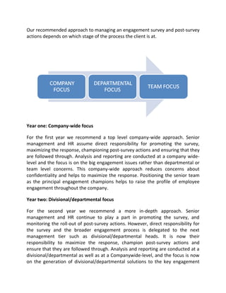 Our recommended approach to managing an engagement survey and post-survey
actions depends on which stage of the process the client is at.




Year one: Company-wide focus

For the first year we recommend a top level company-wide approach. Senior
management and HR assume direct responsibility for promoting the survey,
maximizing the response, championing post-survey actions and ensuring that they
are followed through. Analysis and reporting are conducted at a company wide-
level and the focus is on the big engagement issues rather than departmental or
team level concerns. This company-wide approach reduces concerns about
confidentiality and helps to maximize the response. Positioning the senior team
as the principal engagement champions helps to raise the profile of employee
engagement throughout the company.

Year two: Divisional/departmental focus

For the second year we recommend a more in-depth approach. Senior
management and HR continue to play a part in promoting the survey, and
monitoring the roll-out of post-survey actions. However, direct responsibility for
the survey and the broader engagement process is delegated to the next
management tier such as divisional/departmental heads. It is now their
responsibility to maximize the response, champion post-survey actions and
ensure that they are followed through. Analysis and reporting are conducted at a
divisional/departmental as well as at a Companywide-level, and the focus is now
on the generation of divisional/departmental solutions to the key engagement
 