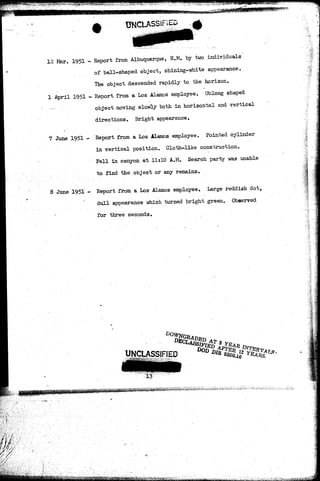UNCLASSIFIED 
12 Mar. 1951 - 
1 April 1951 - 
Report from Albuquerque, N.M. by two individuals 
of ball-shaped object, shining-white appearance. 
The object descended rapidly to the horizon. 
Report from a Los Alamos employee. Oblong shaped 
object moving slowly both in horizontal and vertical 
directions. Bright appearance. 
7 June 1951 - Report from a Los Alamos employee. Pointed cylinder 
in vertical position. Cloth-like construction. 
Fell in canyon, at 11:10 A.M. Search party was unable 
to find the object'-or any remains. 
8 June 1951 - Report from, a Los Alamos employee. Large reddish dot, 
dull appearance which turned bright green. Observed 
" for three seconds. 
l l l l 
/ : • / . 
UNCLASSIFIED 
#8i|ii§^ 
 