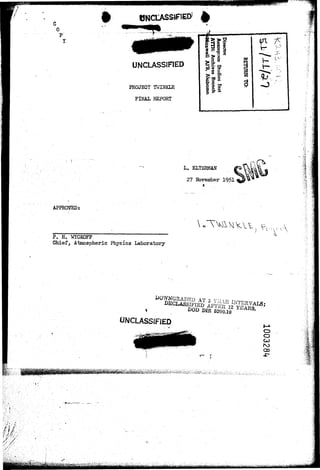 # 
UNCLASSIFIED 
PROJECT WINKLE 
FINAL REPORT 
• 1 
L. ELTERMAN 
27 November 1951 
APPROVED: 
P. H. "WYCKOFF 
Chief, Atmospheric Physics Laboratory 
DOWNGRADED AT q v - , n T 
^CLASSIFIED A ^ ^ ^ V A I ^ ; 
UNCLASSIFIED 
CD 
oC 
O 
OD 
' • ' ^ • • ' i ' *'•'•• 
 