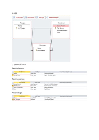 B. LRS
C. Spesifikasi File *
Tabel Pelanggan
Tabel Kendaraan
Tabel Petugas
 