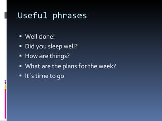 Useful phrases Well done! Did you sleep well? How are things? What are the plans for the week? It´s time to go 