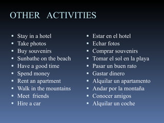 OTHER  ACTIVITIES Stay in a hotel Take photos  Buy souvenirs  Sunbathe on the beach Have a good time Spend money Rent an apartment Walk in the mountains Meet  friends Hire a car Estar en el hotel Echar fotos Comprar souvenirs Tomar el sol en la playa Pasar un buen rato Gastar dinero Alquilar un apartamento Andar por la montaña Conocer amigos Alquilar un coche 