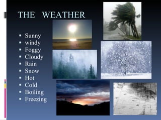 THE  WEATHER Sunny windy Foggy Cloudy Rain  Snow Hot Cold Boiling Freezing 