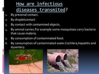 How are infectious
        diseases transmited?
1.   By presonal contact.
2.   By dropletcontact
3.   By contact with contamined objects.
4.   By animal carries.For example some mosquitoes carry bacteria
     that cause malaria.
5.   By consumption of contaminated food.
6.   By consumption of cantaminated water.Cochlera,hepatitis and
     dysentery.
 