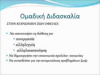 Ομαδική Διδασκαλία ΣΤΗΝ ΚΟΙΝΩΝΙΚΗ ΖΩΗ ΟΦΕΙΛΕΙ: Να ικανοποιήσει τη διάθεση για συνεργασία αλληλεγγύη αλληλοκατανόηση Να δημιουργήσει την επικοινωνία σχολείου- κοινωνίας Να εκπαιδεύσει για την αντιμετώπιση προβλημάτων ζωής 
