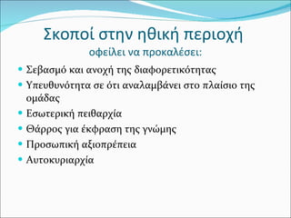 Σκοποί στην ηθική περιοχή  οφείλει να προκαλέσει: Σεβασμό και ανοχή της διαφορετικότητας Υπευθυνότητα σε ότι αναλαμβάνει στο πλαίσιο της ομάδας  Εσωτερική πειθαρχία  Θάρρος για έκφραση της γνώμης Προσωπική αξιοπρέπεια Αυτοκυριαρχία 