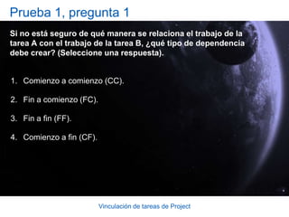 Vinculación de tareas de ProjectDependencias de comienzo a comienzoLa superposición de trabajo también ayuda a reducir la duración general de un proyecto.Si la tarea 1 requiere 10 días para completarse, y la tarea 2 requiere 5 días, y se establece una dependencia de FC, la duración total de ambas tareas es de 15 días.Si se establece una dependencia de CC, la duración total de ambas tareas sólo será de 10 días (el tiempo que requiere la tarea 1). 
