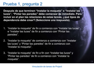 Vinculación de tareas de ProjectDependencias de fin a finAl igual que las dependencias de CC, las dependencias de FF reducen la cantidad total de tiempo necesario para completar el trabajo en ambas tareas, siempre que el trabajo se pueda superponer o realizar en paralelo. Si la tarea 1 requiere 10 días para completarse, y la tarea 2 requiere 5 días en completarse, y se establece una dependencia de FC, la duración total de ambas tareas es de 15 días.Si se establece una dependencia de FF, la duración total de ambas tareas es de sólo 10 días (el tiempo que requiere la tarea 1). 