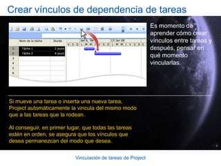 Vinculación de tareas de ProjectPrueba 1, pregunta 2: respuesta“Instalar la moqueta” de fin a fin con “Instalar las luces" y "Pintar las paredes” de fin a comienzo con “Instalar la moqueta”. En cuanto ambas tareas “Instalar la moqueta” e “Instalar las luces” hayan finalizado, puede comenzar con “Pintar las paredes”. 
