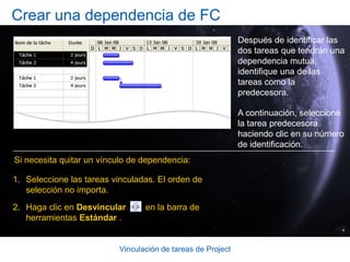 Vinculación de tareas de ProjectPrueba 1, pregunta 3: respuestaFF: finalizar la edición al mismo tiempo que finaliza la escritura.La edición finalizará cuando finalice la escritura.Y como ambas tareas se superponen, la duración total es de 12 días.