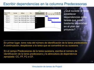 Vinculación de tareas de ProjectCrear vínculos de dependencia de tareasEs momento de aprender cómo crear vínculos entre tareas y después, pensar en qué momento vincularlas.Si mueve una tarea o inserta una nueva tarea, Project automáticamente la vincula del mismo modo que a las tareas que la rodean.Al conseguir, en primer lugar, que todas las tareas estén en orden, se asegura que los vínculos que desea permanezcan del modo que desea. 
