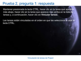Vinculación de tareas de ProjectEscribir dependencias en la columna Predecesoras¿Qué sucede si debe establecer dependencias entre tareas que están bastante separadas en el plan del proyecto?En primer lugar, tome nota del número de identificación de la tarea predecesora. A continuación, desplácese a la tarea que se convertirá en su sucesora. En el campo Predecesoras de la tarea sucesora, escriba el número de identificación de la tarea predecesora y la abreviatura de dependencia apropiada: CC, FF, FC o CF.