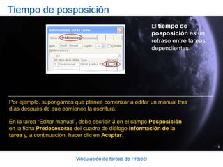 Vinculación de tareas de ProjectPrueba 2, pregunta 2: respuestaCrear una dependencia de comienzo a fin entre la tarea 3 y la tarea 4.La duración total se reduce a 9 días sin afectar a la fecha de comienzo del plan del proyecto.