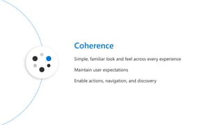 Simple, familiar look and feel across every experience
Maintain user expectations
Enable actions, navigation, and discovery
Coherence
 