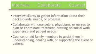 Interview clients to gather information about their
backgrounds, needs, or progress.
Collaborate with counselors, physicians, or nurses to
plan or coordinate treatment, drawing on social work
experience and patient needs.
Counsel or aid family members to assist them in
understanding, dealing with, or supporting the client or
patient.
 
