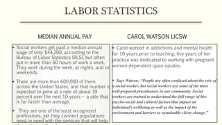 LABOR STATISTICS
MEDIAN ANNUAL PAY
 Social workers get paid a median annual
wage of only $44,200, according to the
Bureau of Labor Statistics (BLS), but often
put in more than 60 hours of work a week.
They work during the week, at nights, and on
weekends.
 There are more than 600,000 of them
across the United States, and that number is
expected to grow at a rate of about 19
percent over the next 10 years – a rate that
is far faster than average.
 They are one of the least recognized
professions, yet they connect populations
most in need with the services that will help
CAROL WATSON LICSW
 Carol worked in addictions and mental health
for 10 years prior to teaching; five years of her
practice was dedicated to working with pregnant
women dependent upon opiates.
 Says Watson: “People are often confused about the role of
a social worker, but social workers are some of the most
well-prepared practitioners in our community. Social
workers are trained to understand the full range of bio-
psycho-social and cultural factors that impact an
individual’s wellbeing as well as the impact of the
environment and barriers to sustainable client change.”
 