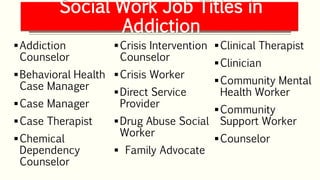 Social Work Job Titles in
Addiction
Addiction
Counselor
Behavioral Health
Case Manager
Case Manager
Case Therapist
Chemical
Dependency
Counselor
Crisis Intervention
Counselor
Crisis Worker
Direct Service
Provider
Drug Abuse Social
Worker
 Family Advocate
Clinical Therapist
Clinician
Community Mental
Health Worker
Community
Support Worker
Counselor
 