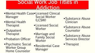 Social Work Job Titles in
Addiction
Mental Health Case
Manager
Mental Health
Therapist
Outpatient
Therapist
Probation Officer
Psychiatric Social
Worker Group
Home Counselor
Licensed Clinical
Social Worker
(LCSW)
Licensed Social
Worker
Marriage and
Family Social
Worker
Residential Case
Manager
Substance Abuse
Clinician
Substance Abuse
Counselor
Substance Abuse
Services Director
Therapist
 