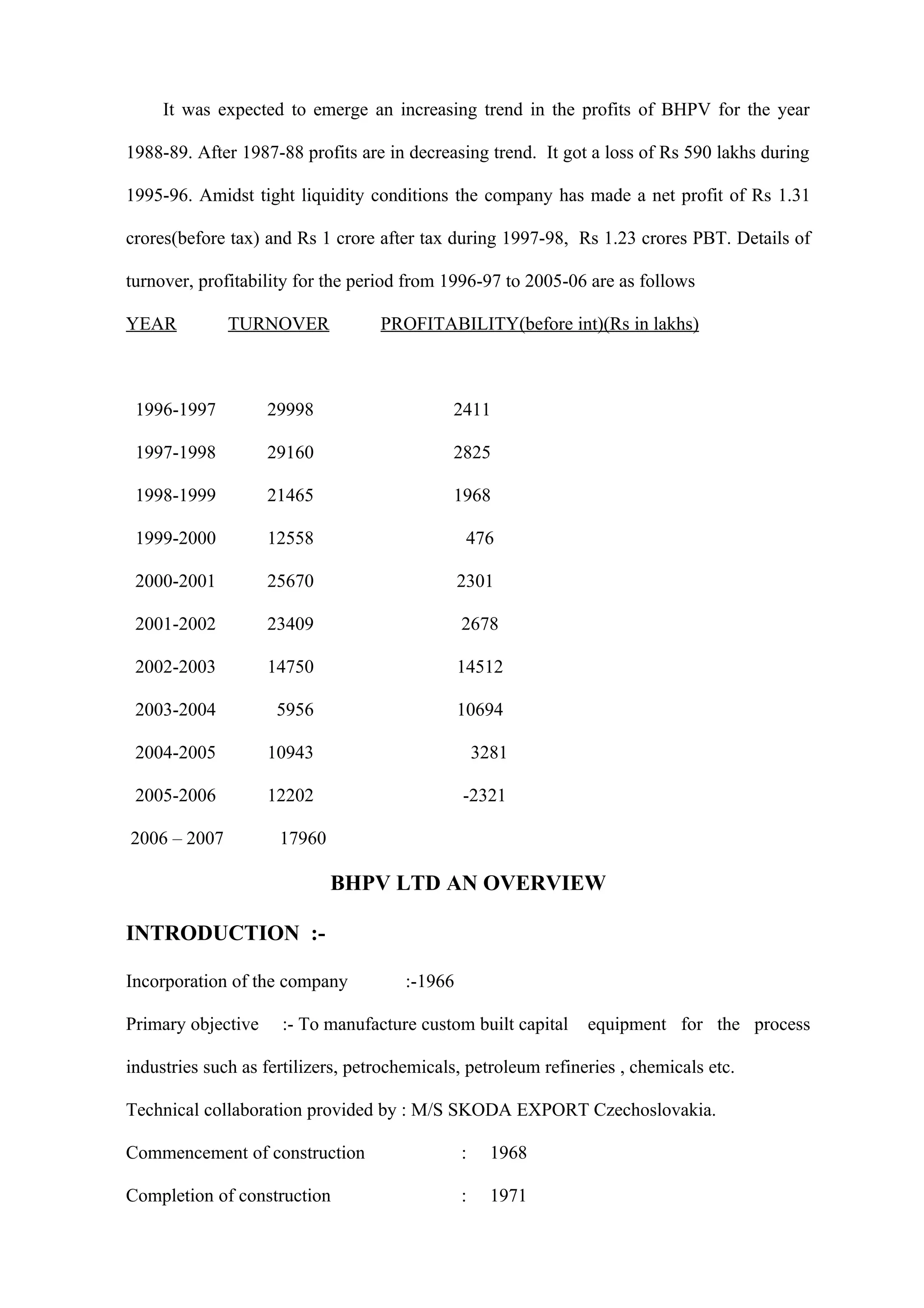 It was expected to emerge an increasing trend in the profits of BHPV for the year

1988-89. After 1987-88 profits are in decreasing trend. It got a loss of Rs 590 lakhs during

1995-96. Amidst tight liquidity conditions the company has made a net profit of Rs 1.31

crores(before tax) and Rs 1 crore after tax during 1997-98, Rs 1.23 crores PBT. Details of

turnover, profitability for the period from 1996-97 to 2005-06 are as follows

YEAR          TURNOVER             PROFITABILITY(before int)(Rs in lakhs)



 1996-1997          29998                    2411

 1997-1998          29160                    2825

 1998-1999          21465                    1968

 1999-2000          12558                        476

 2000-2001          25670                       2301

 2001-2002          23409                       2678

 2002-2003          14750                       14512

 2003-2004           5956                       10694

 2004-2005          10943                           3281

 2005-2006          12202                       -2321

2006 – 2007          17960

                             BHPV LTD AN OVERVIEW

INTRODUCTION :-

Incorporation of the company           :-1966

Primary objective    :- To manufacture custom built capital     equipment for the process

industries such as fertilizers, petrochemicals, petroleum refineries , chemicals etc.

Technical collaboration provided by : M/S SKODA EXPORT Czechoslovakia.

Commencement of construction                    :     1968

Completion of construction                      :     1971
 