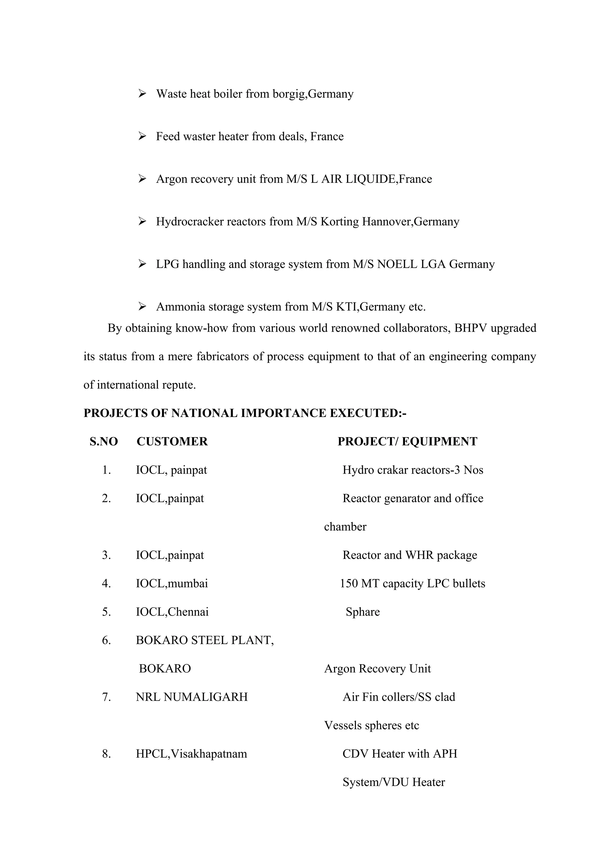 Waste heat boiler from borgig,Germany


            Feed waster heater from deals, France


            Argon recovery unit from M/S L AIR LIQUIDE,France


            Hydrocracker reactors from M/S Korting Hannover,Germany


            LPG handling and storage system from M/S NOELL LGA Germany


            Ammonia storage system from M/S KTI,Germany etc.
     By obtaining know-how from various world renowned collaborators, BHPV upgraded

its status from a mere fabricators of process equipment to that of an engineering company

of international repute.

PROJECTS OF NATIONAL IMPORTANCE EXECUTED:-

 S.NO      CUSTOMER                              PROJECT/ EQUIPMENT

   1.      IOCL, painpat                          Hydro crakar reactors-3 Nos

   2.      IOCL,painpat                           Reactor genarator and office

                                               chamber

   3.      IOCL,painpat                           Reactor and WHR package

   4.      IOCL,mumbai                            150 MT capacity LPC bullets

   5.      IOCL,Chennai                              Sphare

   6.      BOKARO STEEL PLANT,

           BOKARO                              Argon Recovery Unit

   7.      NRL NUMALIGARH                         Air Fin collers/SS clad

                                               Vessels spheres etc

   8.      HPCL,Visakhapatnam                     CDV Heater with APH

                                                  System/VDU Heater
 
