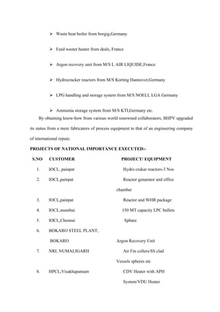  Waste heat boiler from borgig,Germany


            Feed waster heater from deals, France


            Argon recovery unit from M/S L AIR LIQUIDE,France


            Hydrocracker reactors from M/S Korting Hannover,Germany


            LPG handling and storage system from M/S NOELL LGA Germany


            Ammonia storage system from M/S KTI,Germany etc.
     By obtaining know-how from various world renowned collaborators, BHPV upgraded

its status from a mere fabricators of process equipment to that of an engineering company

of international repute.

PROJECTS OF NATIONAL IMPORTANCE EXECUTED:-

 S.NO      CUSTOMER                              PROJECT/ EQUIPMENT

   1.      IOCL, painpat                          Hydro crakar reactors-3 Nos

   2.      IOCL,painpat                           Reactor genarator and office

                                               chamber

   3.      IOCL,painpat                           Reactor and WHR package

   4.      IOCL,mumbai                            150 MT capacity LPC bullets

   5.      IOCL,Chennai                              Sphare

   6.      BOKARO STEEL PLANT,

           BOKARO                              Argon Recovery Unit

   7.      NRL NUMALIGARH                         Air Fin collers/SS clad

                                               Vessels spheres etc

   8.      HPCL,Visakhapatnam                     CDV Heater with APH

                                                  System/VDU Heater
 