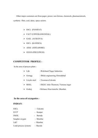 Other major customers are from paper, power, non ferrous, chemicals, pharmaceuticals,

synthetic fiber, coal, dairy, space sectors.



              IOCL (PANIPAT)

              FACT (UDYOGAMANDAL)

              GAIL (AURAIYA)

              IOCL (KANDZA)

              ASSE (SINGAPORE)

              IEEEO (PHULPHUR)



COMPETITOR PROFILE:-

In the area of process plant:-

              L&t                  -Walchand Nager Industries

              Grengg               - Bhilai engineering,Ahmedabad

              Lioyds steel         - Tessmaco,Calcutta

              BHEL                 - ISGEC John Thomson, Yamuna nager

              Godrej              - Reliance Heat transfor ,Mumbai.



In the area of cryogenics:-

INDIAN:

IOCL                        - Calcutta
ICCP                        - Kanpur
INOX                       -     Baroda
Sanghai oxygen                 - Mumbai
L&T                         - Mumbai
Lindi process systems          - Baroda
 