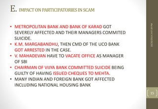 E. IMPACT ON PARTICIPATORIES IN SCAM 
10/20/2014 3:47:39 PM 
15 
• METROPOLITAN BANK AND BANK OF KARAD GOT 
SEVERELY AFFECTED AND THEIR MANAGERS COMMITED 
SUICIDE. 
• K.M. MARGABANDHU, THEN CMD OF THE UCO BANK 
GOT ARRESTED IN THE CASE. 
• V. MAHADEVAN HAVE TO VACATE OFFICE AS MANAGER 
OF SBI 
• CHAIRMAN OF VIJYA BANK COMMITTED SUICIDE BEING 
GUILTY OF HAVING ISSUED CHEQUES TO MEHTA. 
• MANY INDIAN AND FOREIGN BANK GOT AFFECTED 
INCLUDING NATIONAL HOUSING BANK 
 