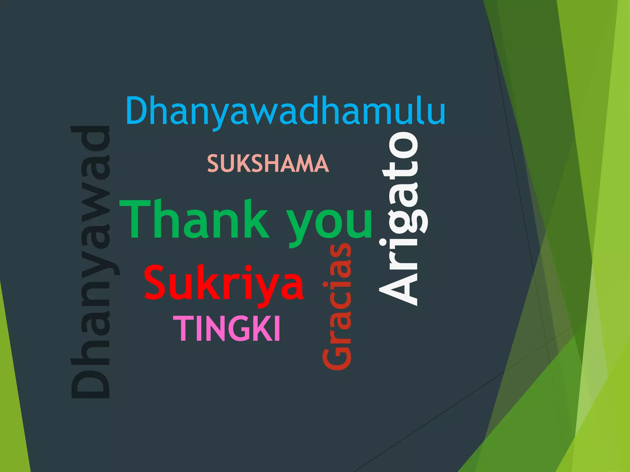 Thank you
Dhanyawad
Sukriya
Gracias
Arigato
Dhanyawadhamulu
SUKSHAMA
TINGKI
 