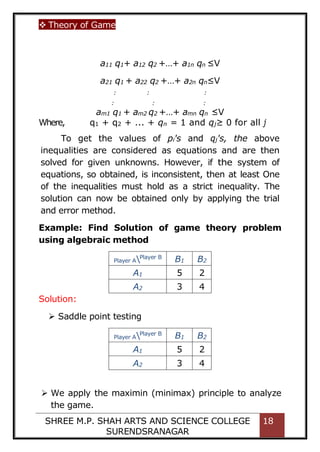 Theory of Game
SHREE M.P. SHAH ARTS AND SCIENCE COLLEGE
SURENDSRANAGAR
18
a11 q1+ a12 q2 +…+ a1n qn ≤V
a21 q1 + a22 q2 +…+ a2n qn≤V
: : :
: : :
am1 q1 + am2 q2 +…+ amn qn ≤V
Where, q1 + q2 + ... + qn = 1 and qj≥ 0 for all j
To get the values of pi's and qj's, the above
inequalities are considered as equations and are then
solved for given unknowns. However, if the system of
equations, so obtained, is inconsistent, then at least One
of the inequalities must hold as a strict inequality. The
solution can now be obtained only by applying the trial
and error method.
Example: Find Solution of game theory problem
using algebraic method
Player APlayer B
B1 B2
A1 5 2
A2 3 4
Solution:
 Saddle point testing
Player APlayer B
B1 B2
A1 5 2
A2 3 4
 We apply the maximin (minimax) principle to analyze
the game.
 