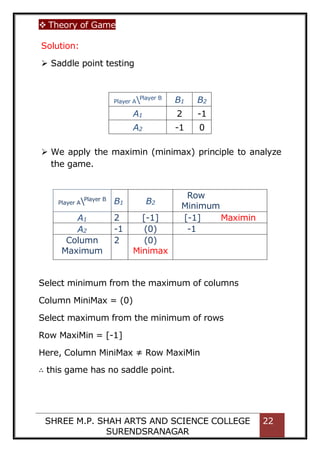  Theory of Game
SHREE M.P. SHAH ARTS AND SCIENCE COLLEGE
SURENDSRANAGAR
22
Solution:
 Saddle point testing
Player APlayer B
B1 B2
A1 2 -1
A2 -1 0
 We apply the maximin (minimax) principle to analyze
the game.
Select minimum from the maximum of columns
Column MiniMax = (0)
Select maximum from the minimum of rows
Row MaxiMin = [-1]
Here, Column MiniMax ≠ Row MaxiMin
∴ this game has no saddle point.
Player APlayer B
B1 B2
Row
Minimum
A1 2 [-1] [-1] Maximin
A2 -1 (0) -1
Column
Maximum
2 (0)
Minimax
 