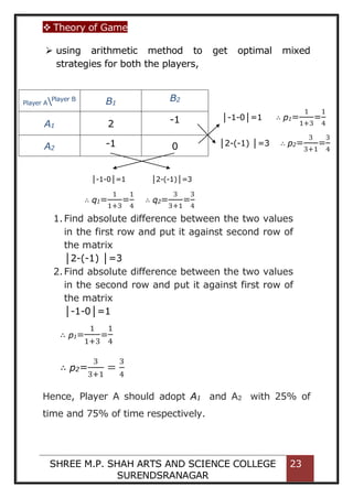  Theory of Game
SHREE M.P. SHAH ARTS AND SCIENCE COLLEGE
SURENDSRANAGAR
23
 using arithmetic method to get optimal mixed
strategies for both the players,
Player APlayer B
B1
B2
A1 2 -1
A2
-1 0
1.Find absolute difference between the two values
in the first row and put it against second row of
the matrix
│2-(-1) │=3
2.Find absolute difference between the two values
in the second row and put it against first row of
the matrix
│-1-0│=1
∴ p1=
1
1+3
=
1
4
∴ p2=
3
3+1
=
3
4
Hence, Player A should adopt A1 and A2 with 25% of
time and 75% of time respectively.
│-1-0│=1 │2-(-1)│=3
∴ q1=
1
1+3
=
1
4
∴ q2=
3
3+1
=
3
4
│-1-0│=1 ∴ p1=
1
1+3
=
1
4
│2-(-1) │=3 ∴ p2=
3
3+1
=
3
4
 