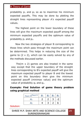  Theory of Game
SHREE M.P. SHAH ARTS AND SCIENCE COLLEGE
SURENDSRANAGAR
29
probability p1 and p2 so as to maximize his minimum
expected payoffs. This may be done by plotting the
straight lines representing player A's expected payoff
values.
The highest point on the lower boundary of these
lines will give the maximum expected payoff among the
minimum expected payoffs and the optimum value of
probability p1 and p2.
Now the two strategies of player B corresponding to
those lines which pass through the maximum point can
be determined. This helps in reducing the size of the
game to (2 x 2), which can be easily solved by any of
the methods discussed earlier.
The(m x 2) games are also treated in the same
way except that the upper boundary of the straight
lines corresponding to B's expected payoff will give the
maximum expected payoff to player B and the lowest
point on this boundary then give the minimum
expected payoff (minimax value) and the optimum
value of probability q1 and q2.
Example: Find Solution of game theory problem
using graphical method
Player APlayer B
B1 B2 B3 B4
A1 2 2 3 -2
A2 4 3 2 6
Solution:
 