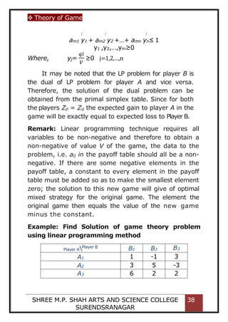  Theory of Game
SHREE M.P. SHAH ARTS AND SCIENCE COLLEGE
SURENDSRANAGAR
38
: : :
am1 y1 + am2 y2 +…+ amn yn≤ 1
y1 ,y2,…,ym≥0
Where, yj=
𝑞𝑖
𝑉
≥0 j=1,2,…,n
It may be noted that the LP problem for player B is
the dual of LP problem for player A and vice versa.
Therefore, the solution of the dual problem can be
obtained from the primal simplex table. Since for both
the players Zp = Zq the expected gain to player A in the
game will be exactly equal to expected loss to Player B.
Remark: Linear programming technique requires all
variables to be non-negative and therefore to obtain a
non-negative of value V of the game, the data to the
problem, i.e. aij in the payoff table should all be a non-
negative. If there are some negative elements in the
payoff table, a constant to every element in the payoff
table must be added so as to make the smallest element
zero; the solution to this new game will give of optimal
mixed strategy for the original game. The element the
original game then equals the value of the new game
minus the constant.
Example: Find Solution of game theory problem
using linear programming method
Player APlayer B
B1 B2 B3
A1 1 -1 3
A2 3 5 -3
A3 6 2 2
 